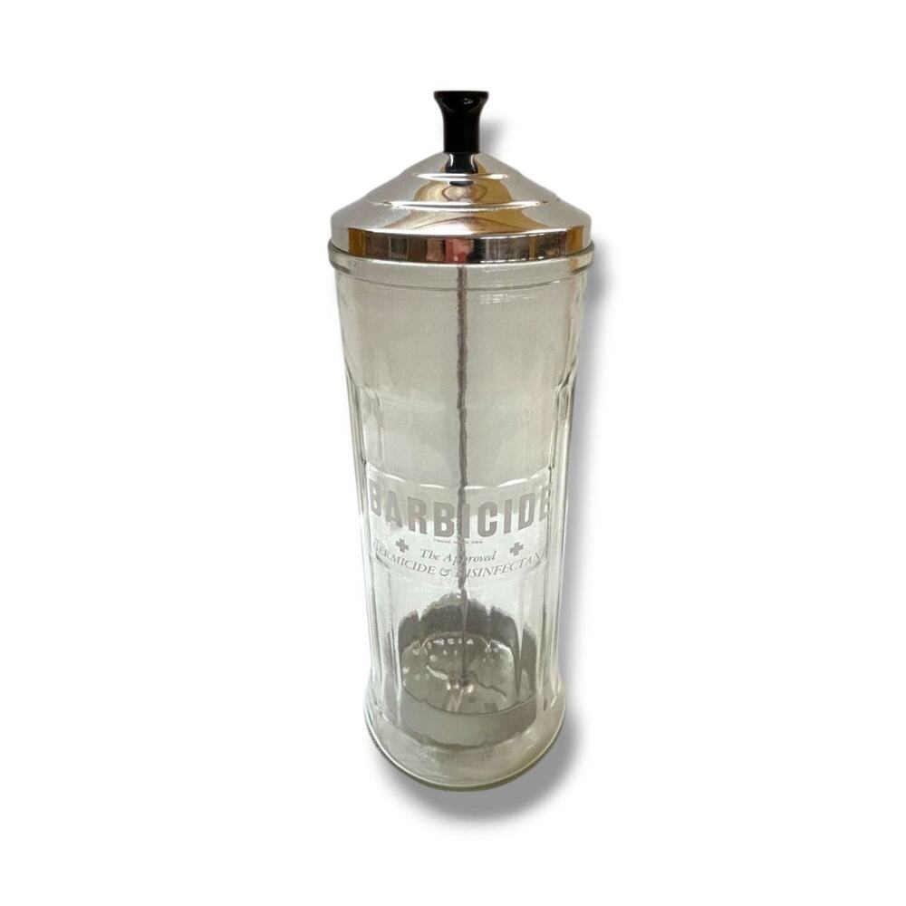 Vintage King Research Barbicide Disinfectant Glass Jar Container Salon Barber